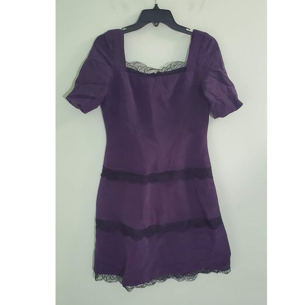 ❤️‍ VINTAGE Roland Nivelais 90s Designer Dark Purple Silk Lace-Trim Dress Size 8 - Picture 3 of 10